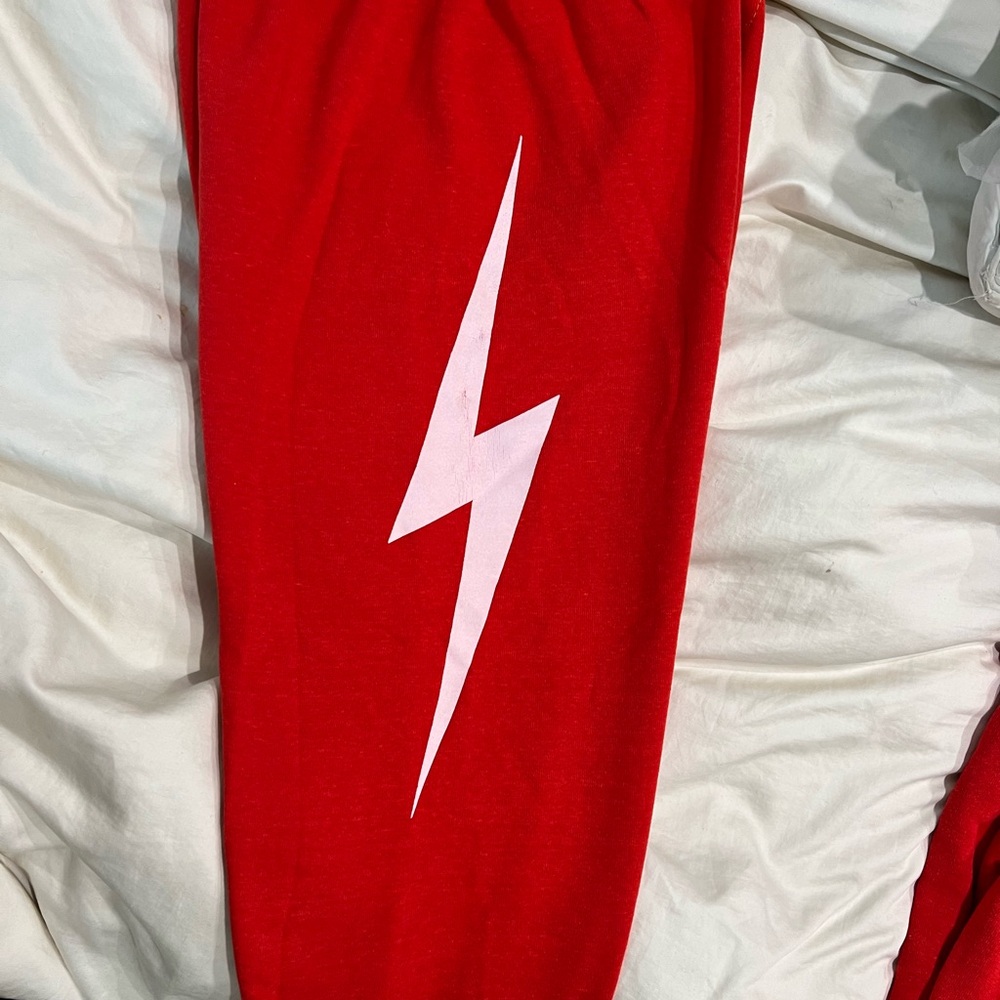 Aviator Nation Red Sweatpants with White Lightning Bolt